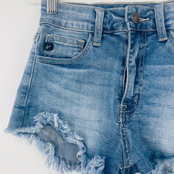 KanCan Distressed Denim Micro Shorts Frayed Hem Blue Size 0 Y2K Style Mini - Picture 2 of 8